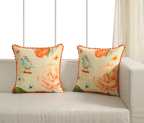 Digitally Printed 100% Cotton Canvas 240 Gsm 18 X 18 Inch Set Of 2 Cushion Covers,Flowers And Birds