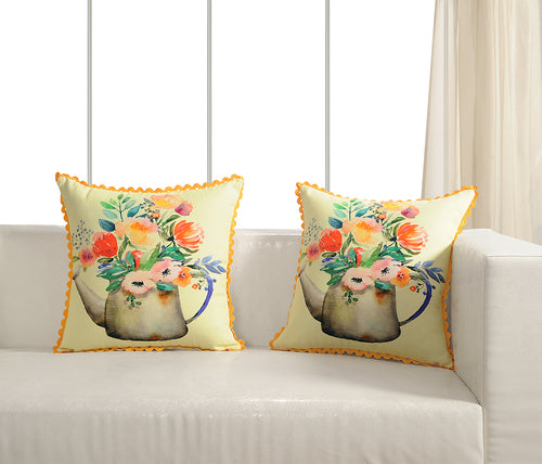 Digitally Printed 100% Cotton Canvas 240 Gsm 18 X 18 Inch Set Of 2 Cushion Covers,Kettle And Flower