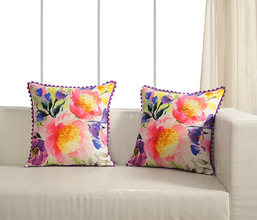 Digitally Printed 100% Cotton Canvas 240 Gsm 18 X 18 Inch Set Of 2 Cushion Covers,Flower