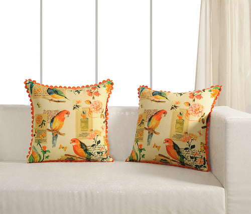 Digitally Printed 100% Cotton Canvas 240 Gsm 18 X 18 Inch Set Of 2 Cushion Covers,Birds And Flowers