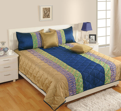 1 Quilted Bedcover With 2 Pillow Covers Queen Size Set Of 3,Faux Silk And Brocade Woven,Blue And Golden