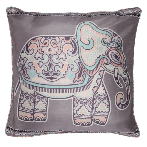 Shalinindia Digitally Printed Zipper Cushion Covers Faux Silk Dupion Set Of 2, 18 X 18 Inch-Folk Elephants