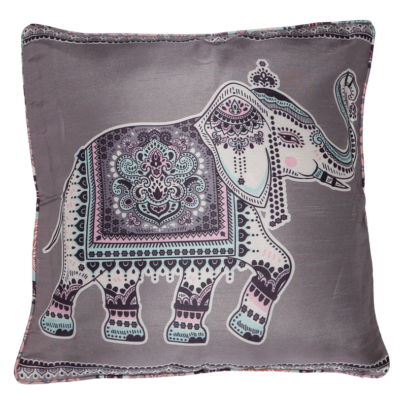 Shalinindia Digitally Printed Faux Silk Dupion Set Of 2, Cushion Covers 18 X 18 Zipper-Folk Elephants