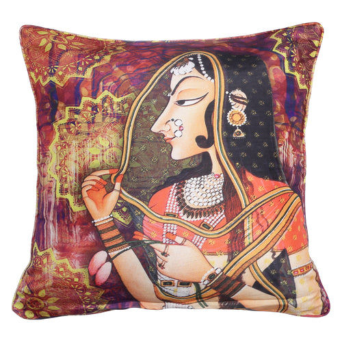 Shalinindia Digitally Printed Faux Silk Dupion Set Of 2, 18 X 18 Inch Indian Cushion Covers Zipper-Beauty Queens