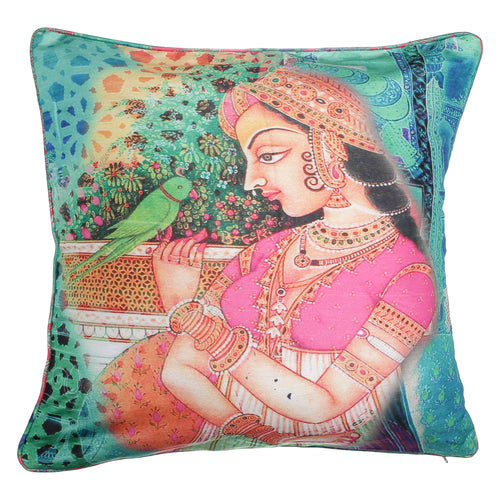 Shalinindia Digitally Printed Cushion Cover Faux Silk Dupion Set Of 2, 18 X 18 Inch Pillow Cover Zippered-Beauty Queens