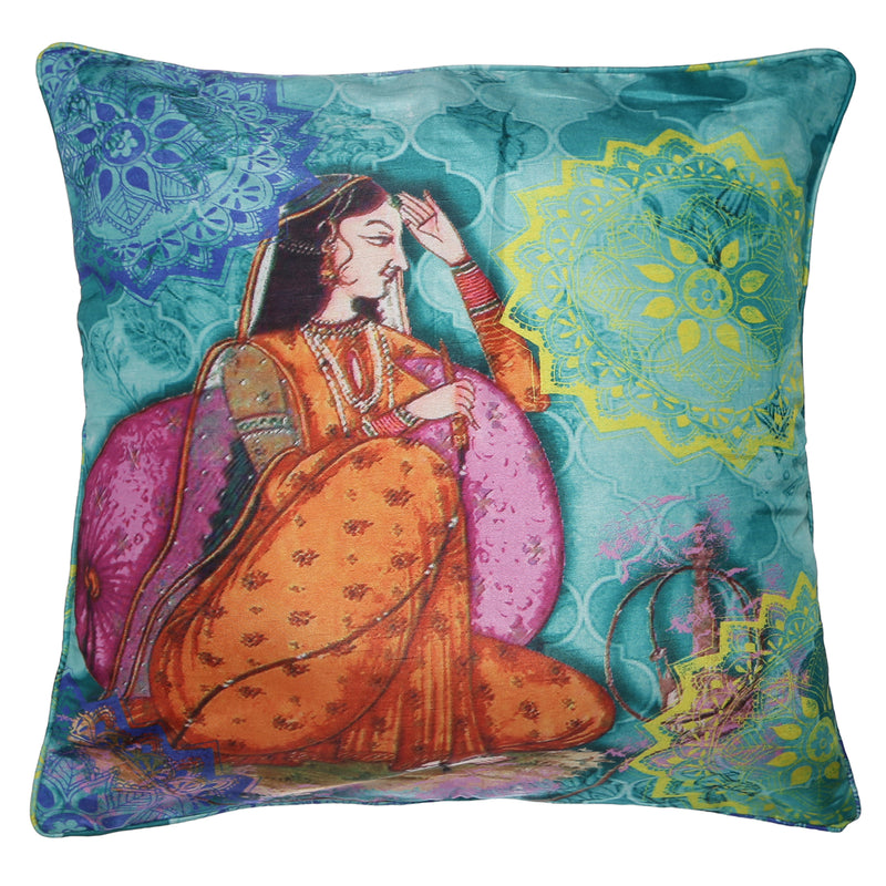 Shalinindia Digitally Printed Cushion Cover Faux Silk Dupion Set Of 2, 18 X 18 Inch Throw Cushions For Sofa Zippered-Beauty Queens