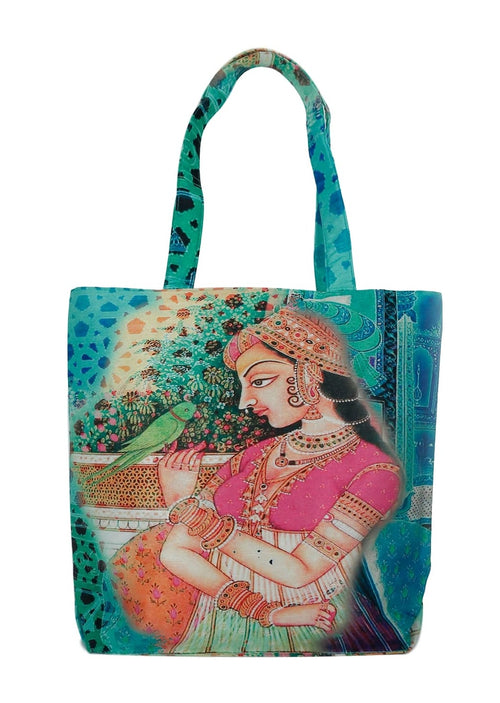 Digitally Printed Tote Fashion Shopping Hand Bag Multipurpose Waterproof Faux Silk and Polysatin Lining 16X14X4 Inch ,Ragini Ragamala And Parrot