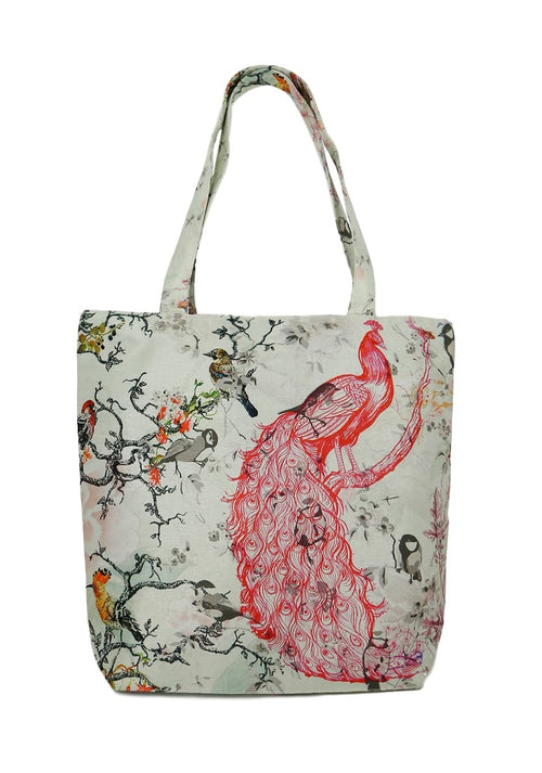 Digitally Printed Tote Fashion Shopping Hand Bag Multipurpose Waterproof Faux Silk and Polysatin Lining 16X14X4 Inch ,Peacock And Birds