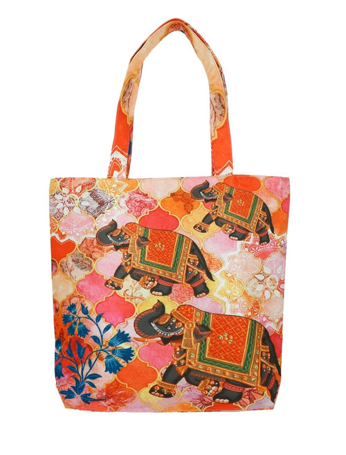 Digitally Printed Tote Fashion Shopping Hand Bag Multipurpose Waterproof Faux Silk and Polysatin Lining 16X14X4 Inch ,The Three Elephants 