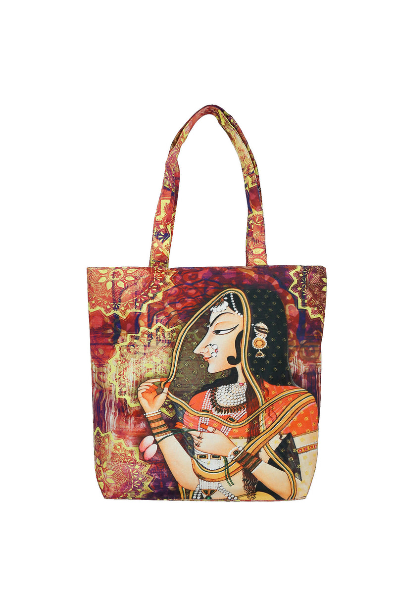 Digital Print Tote Fashion Bag Multipurpose Shopping Hand Bag,Waterproof Faux Silk and Polysatin Lining,16X14X4 Inch,Mughal Queen