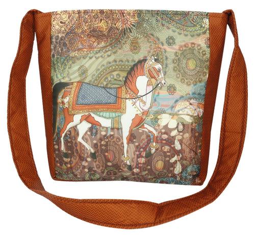 Indian Jhola Bag For Women Digital Print Cross Body Shoulder Bag Fashion Sling Bag Quilted Faux Silk,16x14x3 Inch,Dancing Horse