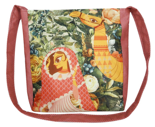 Indian Jhola Bag For Women Digital Print Cross Body Shoulder Bag Fashion Sling Bag Quilted Faux Silk,16x14x3 Inch,Lady And Camel 