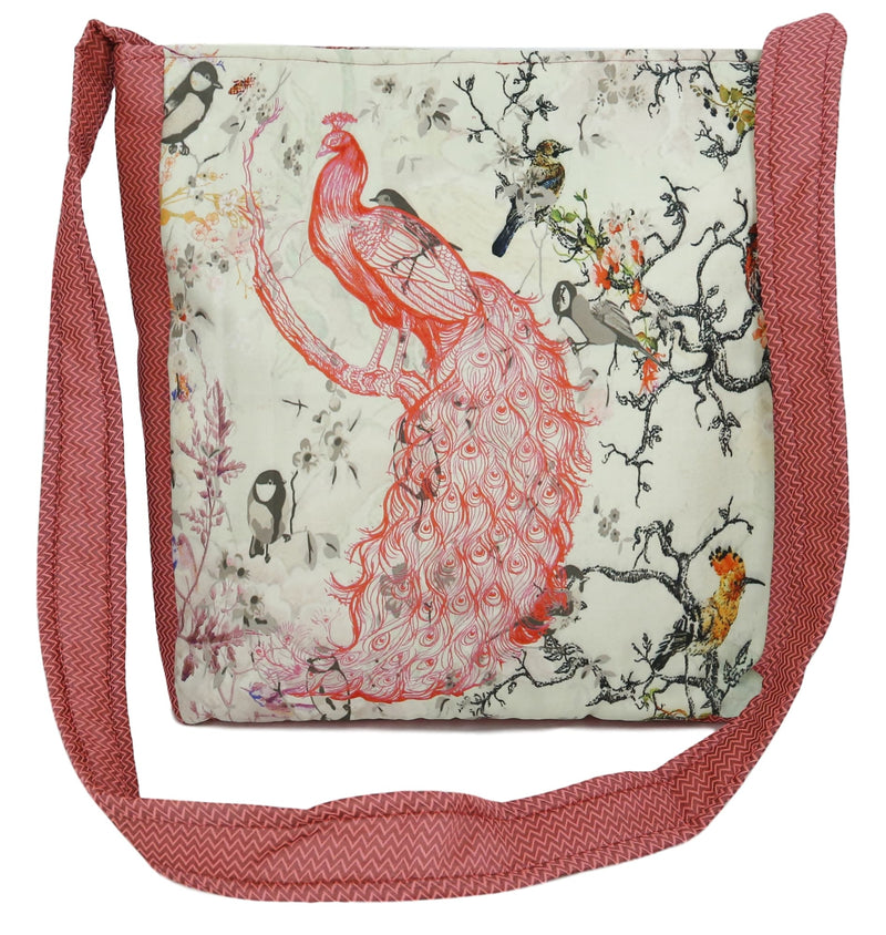 Indian Jhola Bag For Women Digital Print Cross Body Shoulder Bag Fashion Sling Bag Quilted Faux Silk,16x14x3 Inch,Peacock And Birds