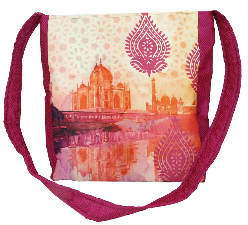 Indian Jhola Bag For Women Digital Print Cross Body Shoulder Bag Fashion Sling Bag Quilted Faux Silk,16x14x3 Inch,Taj Mahal Floral