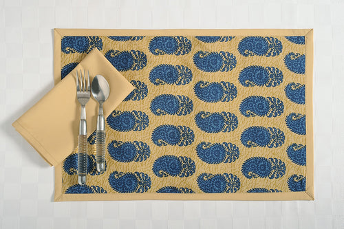 Digitally Printed Faux Silk Place Mats And Napkins Set Of 4,Beige And Blue