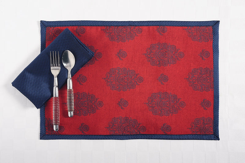 Digitally Printed Faux Silk Place Mats And Napkins Set Of 4,Blue And Red