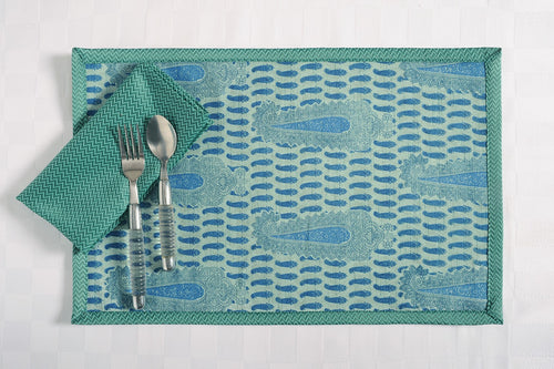 Digitally Printed Faux Silk Place Mats And Napkins Set Of 4,Aqua Blue