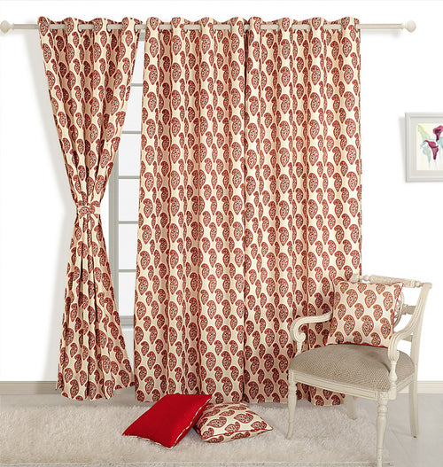 Door Curtains Set Of 2 Curtain Panels With Lining Digitally Printed Faux Silk 48 X 84 Inch,Cream And Red