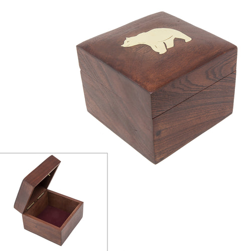 Handmade Wood Square Box Carved By Traditional Artisans Of India- Wood Box Storage-Square Wood Box For Trinkets-Bear Charm,4.5 Inch