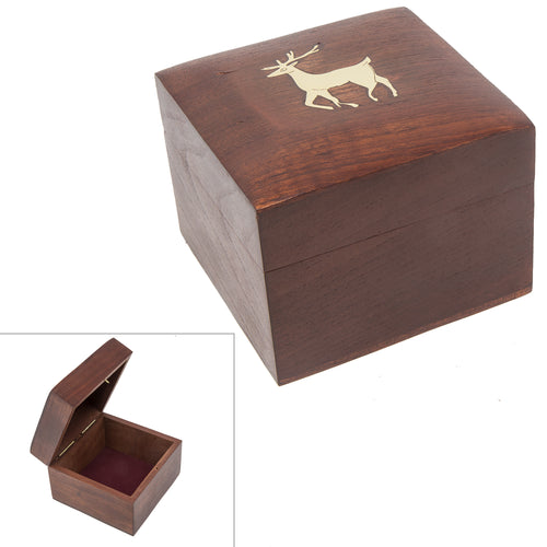 Handmade Wood Square Box Carved By Traditional Artisans Of India- Wood Box Storage-Square Wood Box For Trinkets-Deer Charm,4.5 Inch