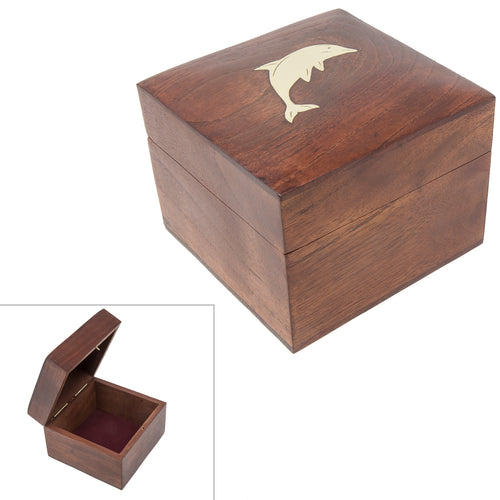 Handmade Wood Square Box Carved By Traditional Artisans Of India- Wood Box Storage-Square Wood Box For Trinkets-Dolphin Charm,4.5 Inch