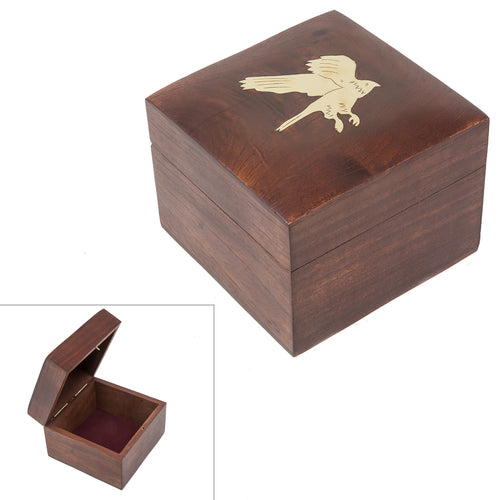 Handmade Wood Square Box Carved By Traditional Artisans Of India- Wood Box Storage-Square Wood Box For Trinkets-Eagle Charm,4.5 Inch