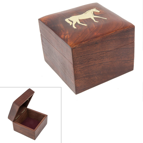 Handmade Wood Square Box Carved By Traditional Artisans Of India- Wood Box Storage-Square Wood Box For Trinkets-Horse Charm,4.5 Inch