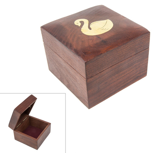 Handmade Wood Square Box Carved By Traditional Artisans Of India- Wood Box Storage-Square Wood Box For Trinkets-Swan Charm,4.5 Inch