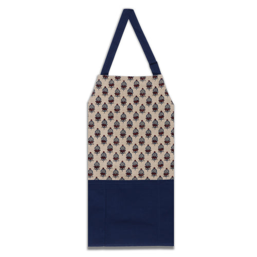 Digitally Printed Cotton Cooking Apron- Indian Printed Kitchen Apron for Women - 27 Inch x 22 Inch,Floral, Blue And Wheat Cream