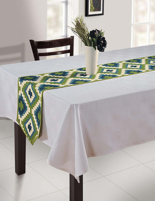 Indian Duck Cotton Table Runner - 13 x 90 Inches - Blue & White Geometric Print