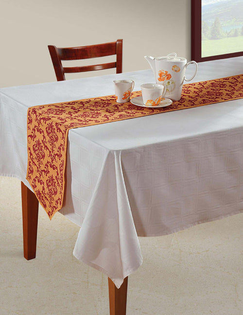 Indian Patterned Duck Cotton Table Runner - 13 x 90 Inches - Orange and Red Damask