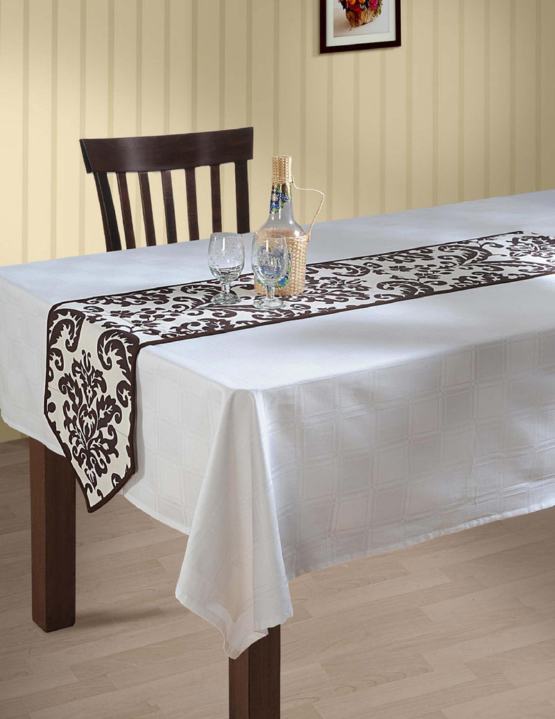 Indian Patterned Duck Cotton Table Runner - 13 x 90 Inches - White and Chocolate Brown Damask