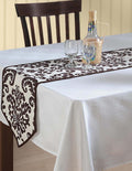 Indian Patterned Duck Cotton Table Runner - 13 x 90 Inches - White and Chocolate Brown Damask