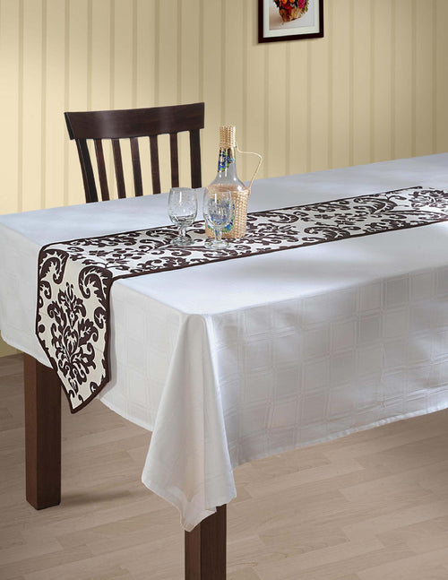 Indian Patterned Duck Cotton Table Runner - 13 x 60 Inches - White and Chocolate Brown Damask