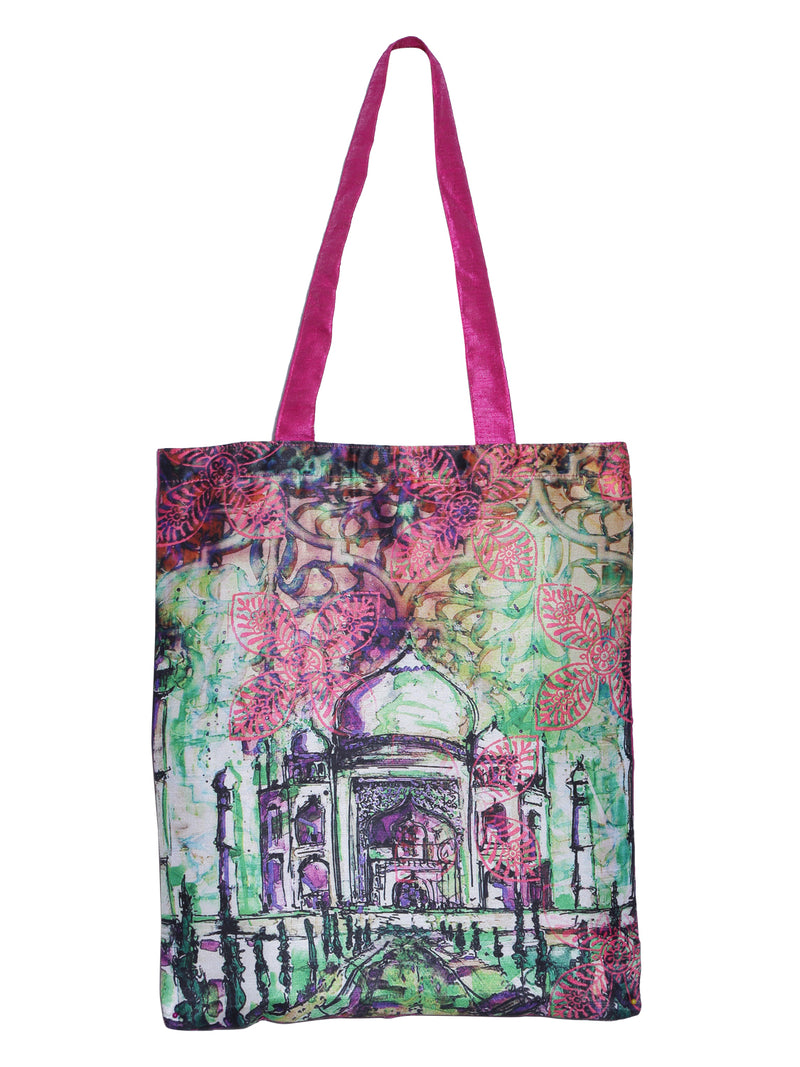 Digitally Printed Shopping Bag Tote Set Of 3 Small Medium Large Faux Silk Dupion,TajMahal