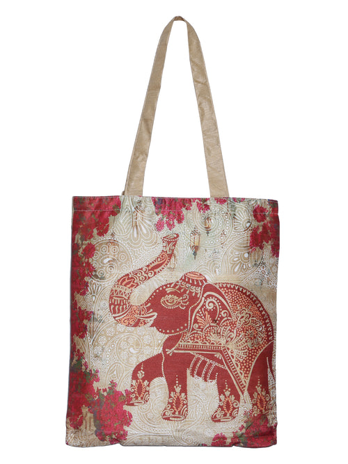 Digitally Printed Shopping Bag Tote Set Of 3 Small Medium Large Faux Silk Dupion,Dancing Elephant