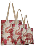 Digitally Printed Shopping Bag Tote Set Of 3 Small Medium Large Faux Silk Dupion,Dancing Elephant