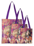 Digitally Printed Shopping Bag Tote Set Of 3 Small Medium Large Faux Silk Dupion,Mughal Queen