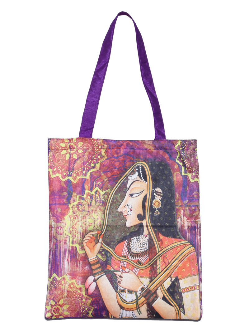 Digitally Printed Shopping Bag Tote Set Of 3 Small Medium Large Faux Silk Dupion,Mughal Queen