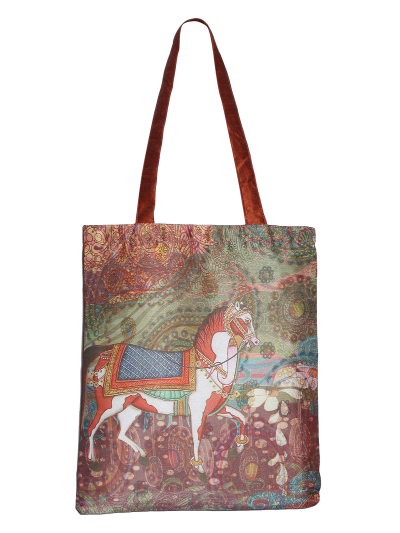 Digitally Printed Shopping Bag Tote Set Of 3 Small Medium Large Faux Silk Dupion,Dancing Horse