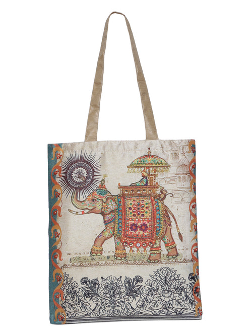 Digitally Printed Shopping Bag Tote Set Of 3 Small Medium Large Faux Silk Dupion,Elephant With Mahawat