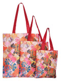 Digitally Printed Shopping Bag Tote Set Of 3 Small Medium Large Faux Silk Dupion,Running Elephant Family