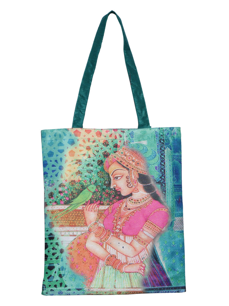 Digitally Printed Shopping Bag Tote Set Of 3 Small Medium Large Faux Silk Dupion,Ragini Ragamala And Parrot