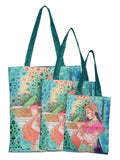 Digitally Printed Shopping Bag Tote Set Of 3 Small Medium Large Faux Silk Dupion,Ragini Ragamala And Parrot