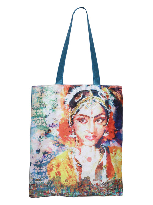 Digitally Printed Shopping Bag Tote Set Of 3 Small Medium Large Faux Silk Dupion,Lady Dancer