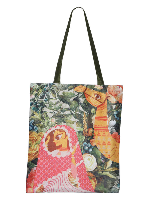 Digitally Printed Shopping Bag Tote Set Of 3 Small Medium Large Faux Silk Dupion,Lady And Camel 