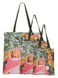 Digitally Printed Shopping Bag Tote Set Of 3 Small Medium Large Faux Silk Dupion,Lady And Camel