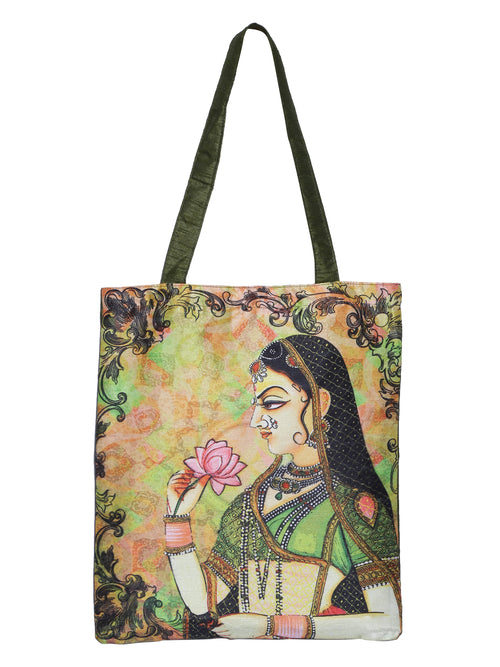 Digitally Printed Shopping Bag Tote Set Of 3 Small Medium Large Faux Silk Dupion,Queen With Flower