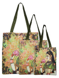 Digitally Printed Shopping Bag Tote Set Of 3 Small Medium Large Faux Silk Dupion,Queen With Flower