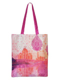 Digitally Printed Shopping Bag Tote Set Of 3 Small Medium Large Faux Silk Dupion,Taj Mahal Floral